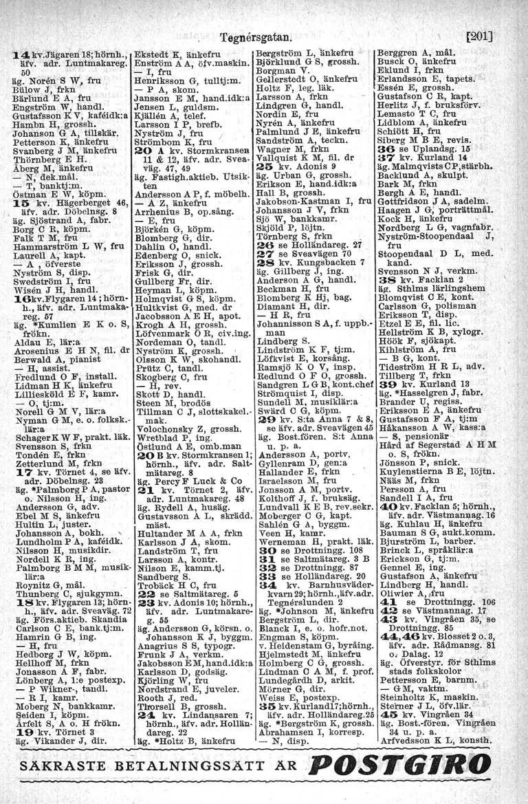 1.4. kv:jägaren 18;hörnh., Ekstedt K, änkefru 'Bergström L, '!inkefru äfv. adr. Limtmakareg. Enström AA, ölv.maskin. Björklund G S, ~rossh. 50 - I, fru Borgman V. äg.