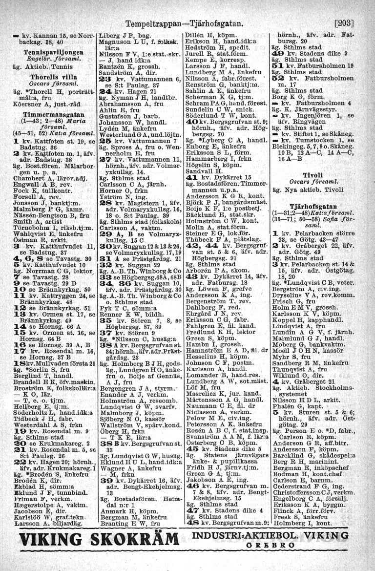 , I Tempel trappan - Tjärhofsgatan, - kv. Kannan 15, se Norr- Liberg J P, bag. Dillen H, köpm. backag, 38, 40 J 'M~~~son L U, f. folksll Erikson H, hand.idk:a Hedström H, spedit. Tennl~paviljonge.