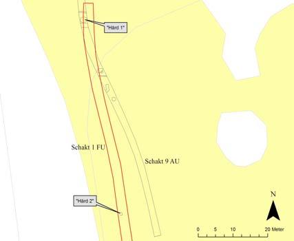 Schakt 3 resp 4 placerades inom undersökningsområdets västra del och den ungefärliga sträckningen för den planerade bilvägen.