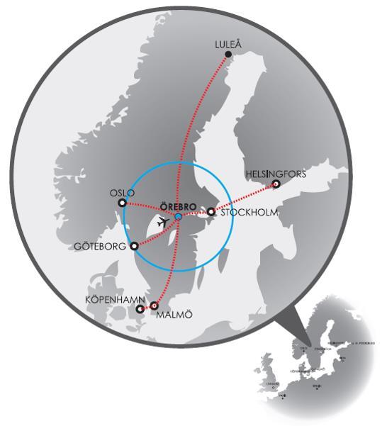 Förutsättningar Detta är Örebro län Örebroregionen har ett strategiskt läge mellan de tre storstadsregionerna Stockholm, Oslo och Göteborg och genomkorsas av Sveriges största transportleder för gods,