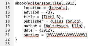 Figur 8: Exempel på hur sortkey kan placeras i.bib-fil. Observera att det ska stå ett komma i slutet av varje rad inom referensen, förutom i sista raden.