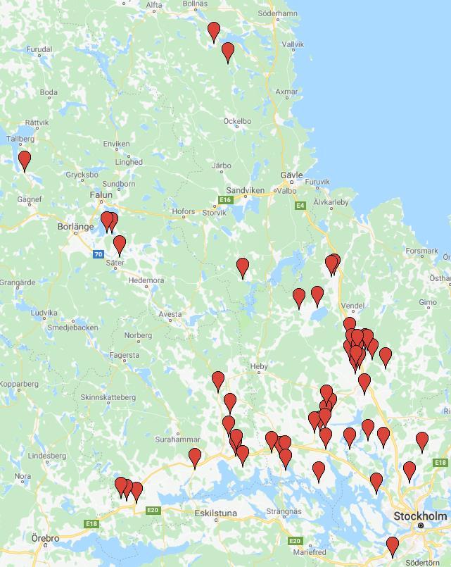 Figur 1. Gårdar med graderingsfält 218 i norra Svealand och Gävleborgs län.