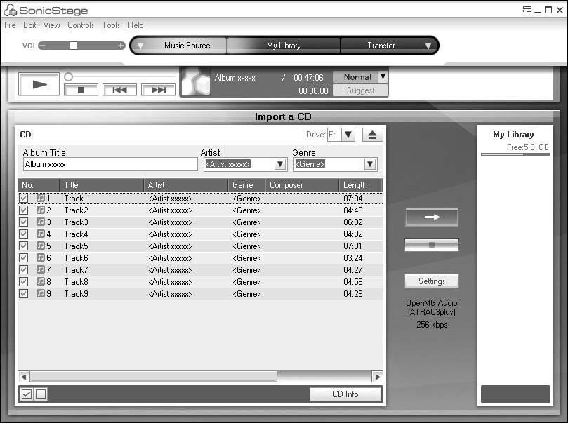 SonicStage-ohjelmiston käyttäminen Äänidatan siirtäminen Tässä luvussa neuvotaan, miten tallennat äänidataa ääni-cd-levyltä tietokoneen kiintolevylle SonicStage-ohjelmiston My Library -kansioon.