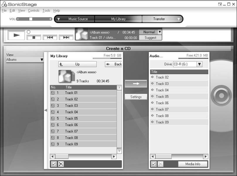 Äänidatan tallentaminen CD-R- tai CD-RW-levylle Voit tallentaa raitoja CD-R- tai CD-RW-levylle SonicStage-ohjelmiston My Library - kansiossa.
