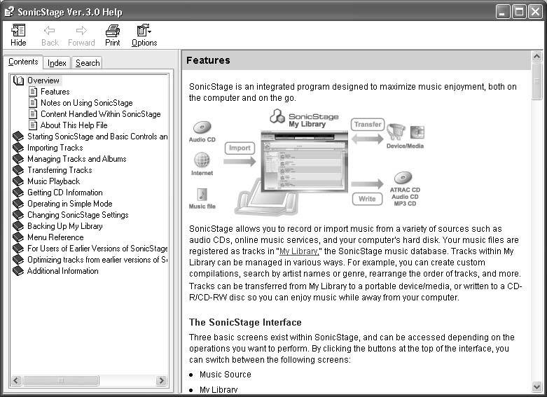 Miten SonicStage Help -ohjetta käytetään Vasemmanpuoleinen kehys Oikeanpuoleinen kehys 1 Kaksoisnapsauta [Overview]-kohtaa vasemmanpuoleisessa kehyksessä. 2 Valitse [About This Help File].