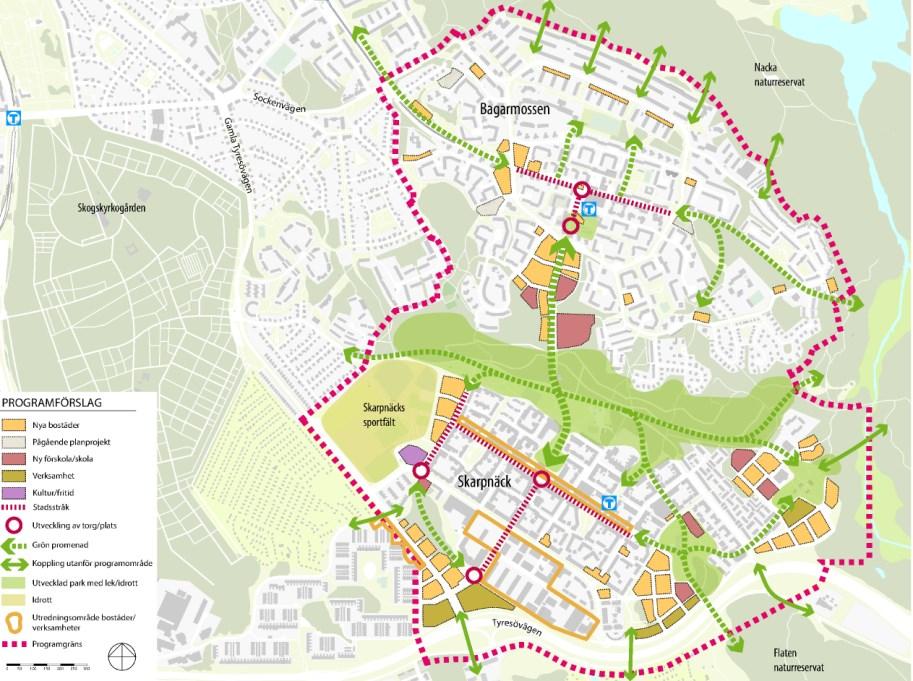 Utdrag ur Program för Bagarmossen och Skarpnäck. Programmet redovisar att potentialen i området är 2 500 3 500 bostäder.