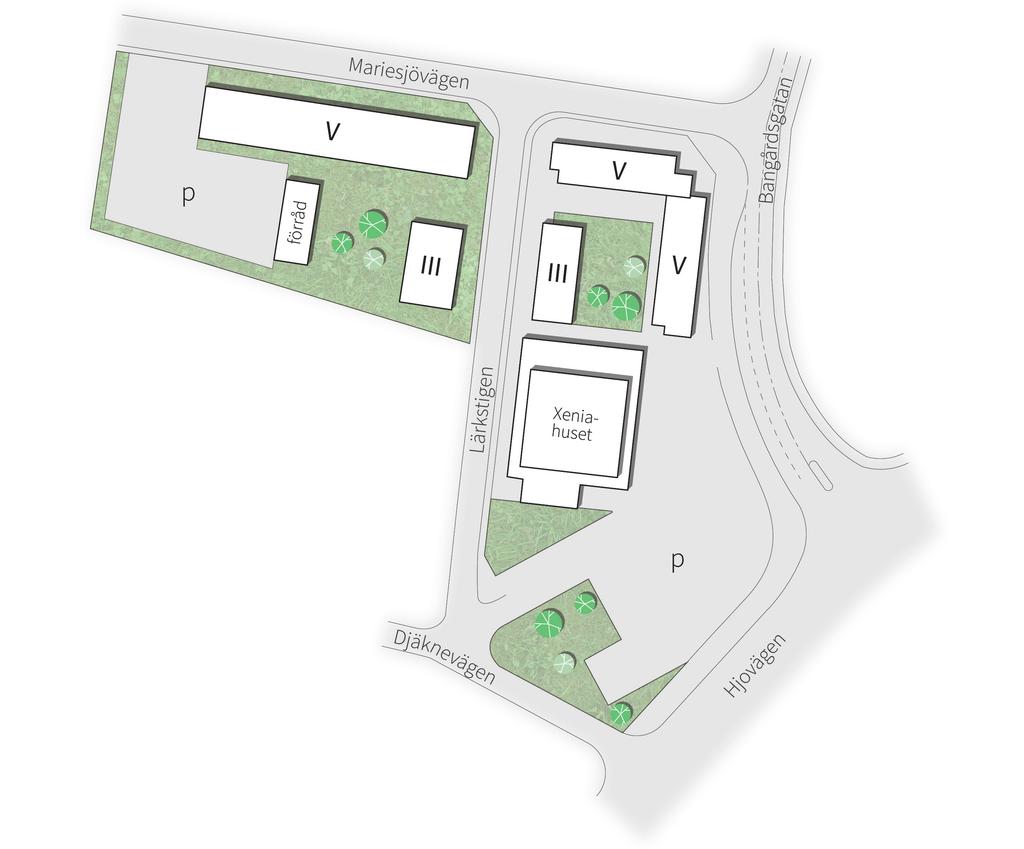 PLANFÖRSLAGET - SAMMANFATTNING Ny bostadsbebyggelse på Bostället 23 placeras utmed Mariesjövägen och Lärkstigen, i 5 respektive 3 våningar med entréer mot gatan.