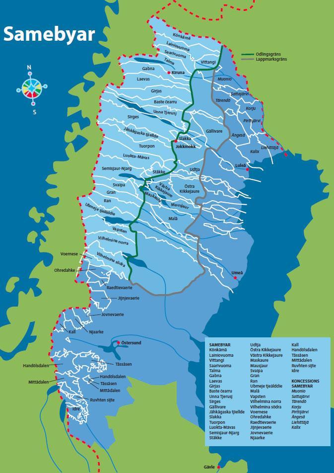 Bilaga 3 Karta över Sveriges samebyar Källa: http://www.samer.se/4333 Det finns 51 samebyar i Sverige, 33 av samebyarna är fjällsamebyar och 10 är skogssamebyar.