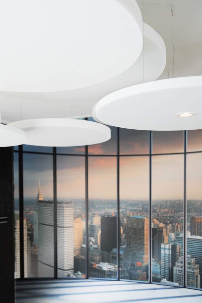SOUND Sound Ceiling Circle Stilren och mycket effektiv ljudabsorbent för upphängning i tak, som består av återvunna PET-flaskor. Valmöjligheterna är stora, välj storlek och kulör eller tryckt motiv.