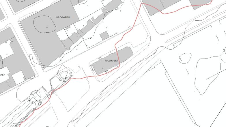 Den mörkt rosa linjen markerar 2,5 meter höjdkurva Om ett 20-års regn skulle komma och havsnivån har stigit till 1,5 meter