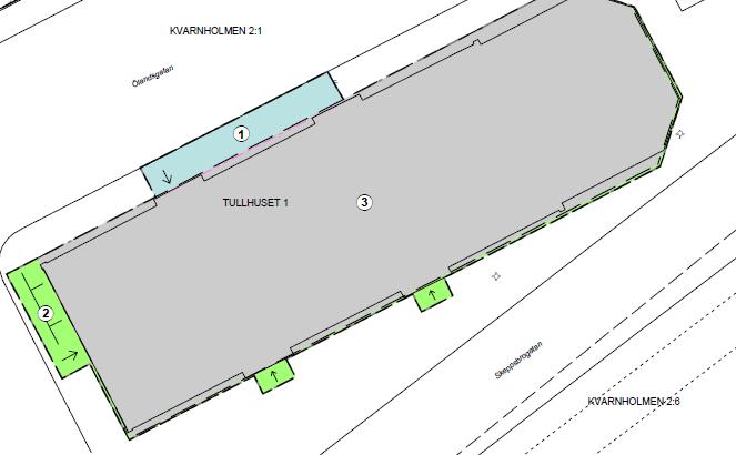 Samhällsbyggnadskontoret Planbeskrivning 23(30) Fastighetsbildning Fastighet befintlig/ny Kvarnholmen 2:1 Tullhuset 1 Konsekvenser, åtgärder Från Kvarnholmen 2:1 ska två områden överföras till