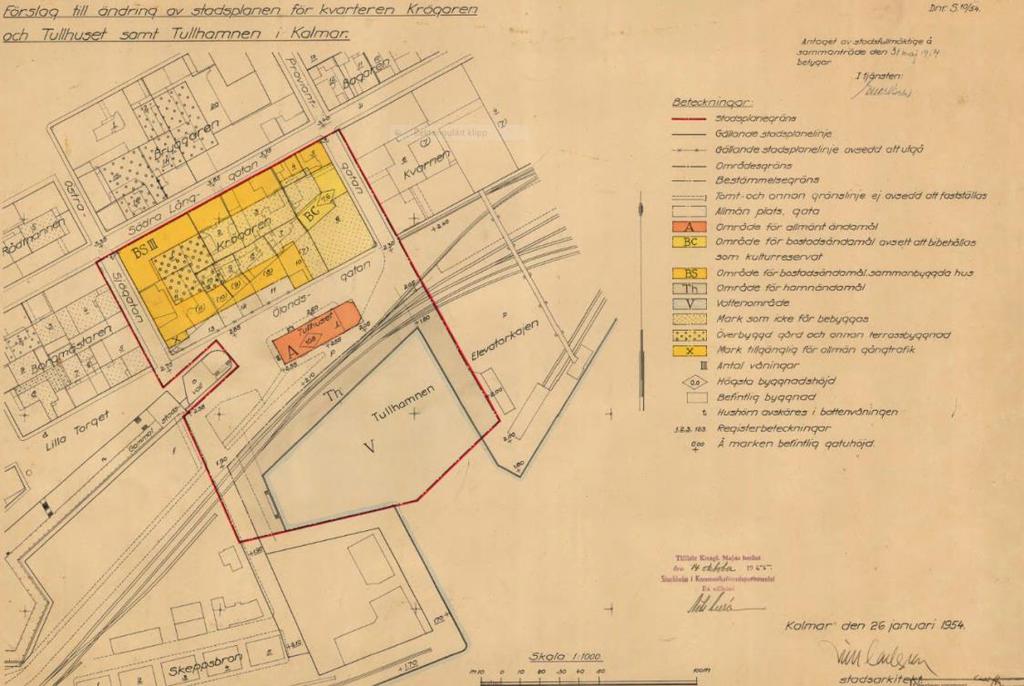 Samhällsbyggnadskontoret Planbeskrivning 8(30) Nuläge Gällande detaljplaner Fastigheten omfattas av ändring av stadsplan för kvarteren Krögaren, Tullhuset samt Tullhamnen i Kalmar akt 0880K-I:189