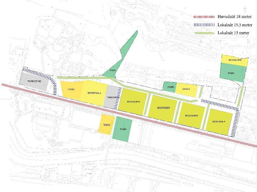 Figur 3 Förslag till indelning av vägnät 4.1 HUVUDNÄT 18 METER Inom planområdet föreslås huvudnätet utgöras av Universitetsallén.