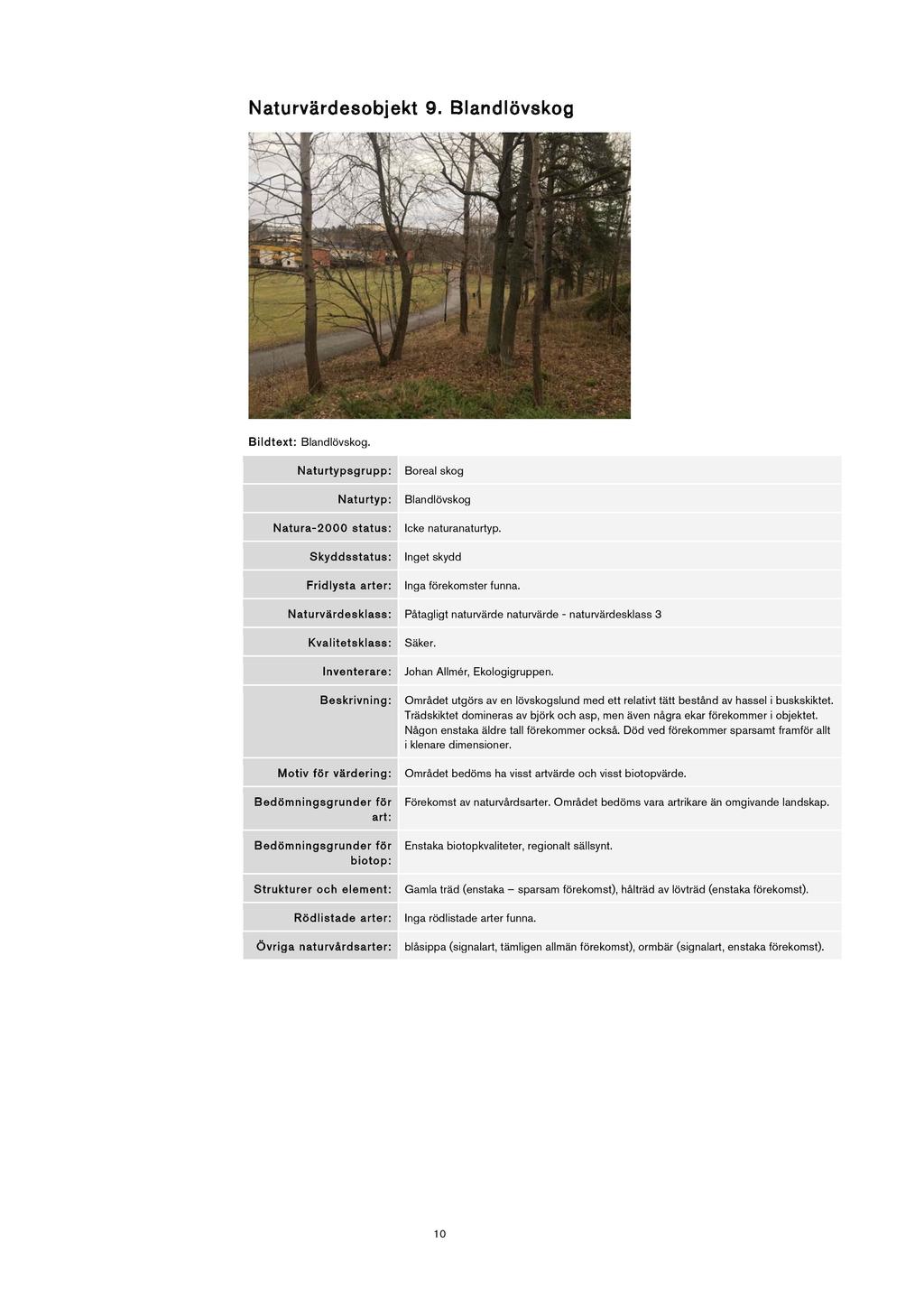 N atu rvärdesobjekt 9. B lan dlövskog Bildtext: Blandlövskog. Naturtypsgrupp: Naturtyp: Natura - 2000 status: Skyddsstatus: Boreal skog B land löv skog Icke naturanaturtyp.