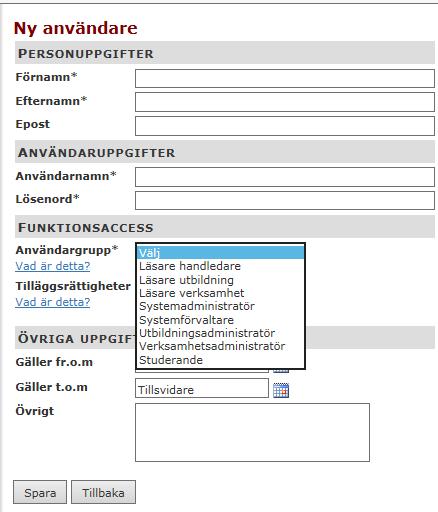 50 Behörigheter som endast hanteras av Systemadministratör eller Systemförvaltare(S) Användargrupperna kan endast amnvändas av Markera någon av ovanstående användargrupp Läsare handledare Läsare