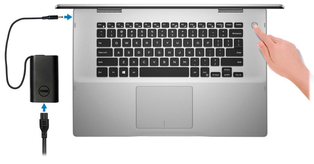 Konfigurera Inspiron 5582 1 OBS: Bilderna i det här dokumentet kan skilja från din dator beroende på konfigurationen du beställde. 1 Anslut nätadaptern och tryck på strömbrytaren.