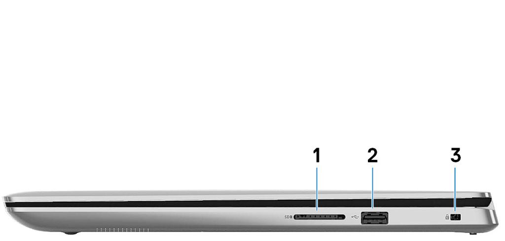3 Vyer av Inspiron 5582 Höger 1 SD-kortplats Läser från och skriver till SD-kortet. 2 USB 2.0-port Anslut kringutrustning, såsom lagringsenheter och skrivare.