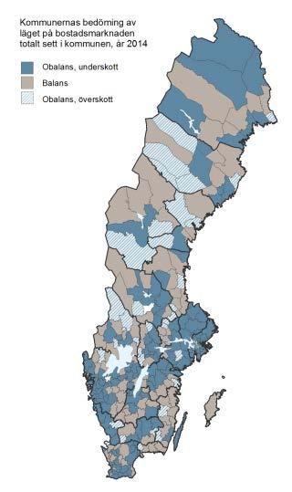 Bostadsmarknadsenkäten 2014 Stora skillnader mellan och inom de mindre kommunerna Kommunernas bedömning av läget på bostadsmarknaden totalt sett i kommunen, år 2014. Källa: Bostadsmarknadsenkäten,.