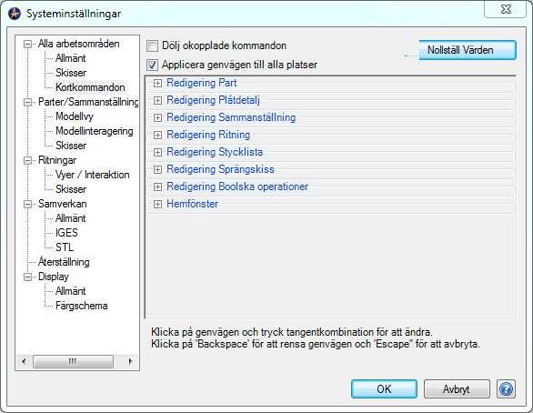 Kortkommandon I Alibre Design är det enkelt att definiera egna tangentbordskombinationer för de funktioner som finns i programmet.