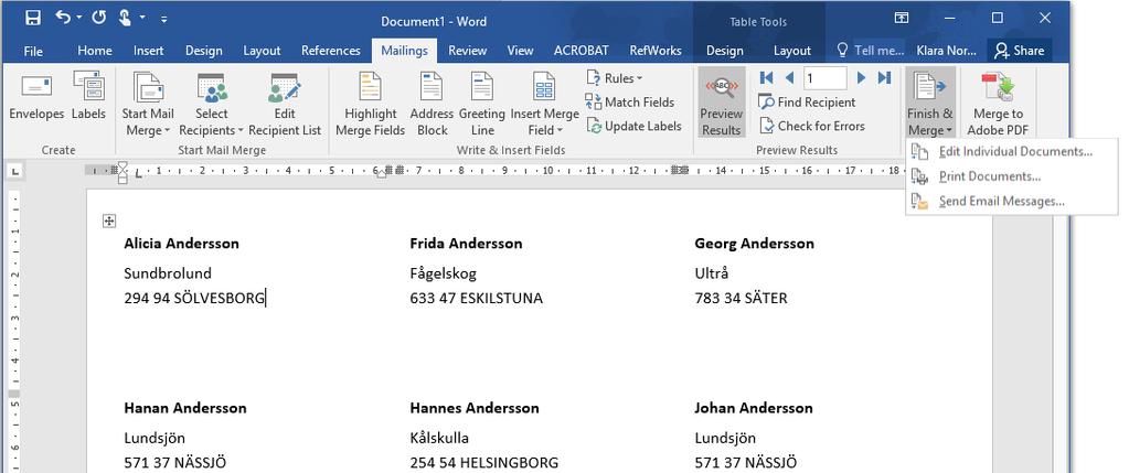 18. Klicka på Förhandsgranska resultat (eller: Preview results) för att försäkra dig om att allt ser ok ut innan du skriver ut.