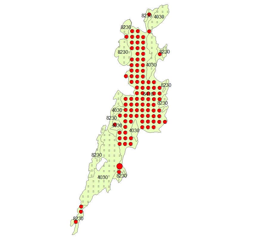 Täckningsgrad av buskar (%) 63,7 34 0 Ingen data 17 ha 0 100 0 Ingen data Figur 6a. Förekomst av träd (kryss) respek ve buskar (kors) på provytor i Millesvik och Lurö skärgård. Figur 6b.