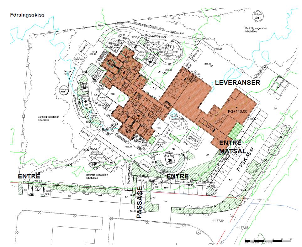Illustrationsplan över den tänkta förskolan och utemiljön i det senaste illustrationsskedet. Den exakta utformningen på förskolan kan dock ändras senare.