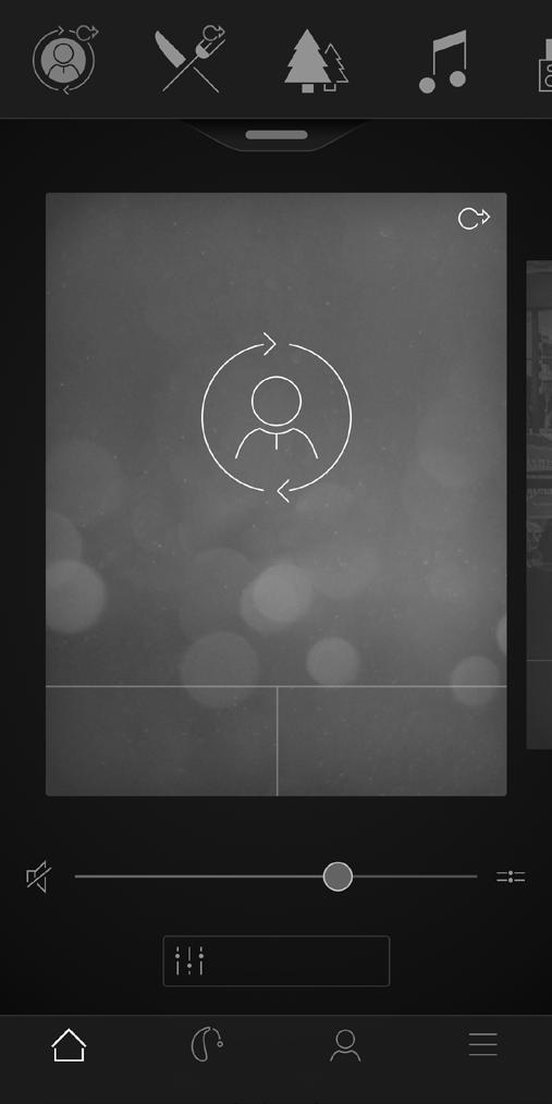 ReSound Smart appfunktioner 1 Huvudskärm: 1. Använd programkarusellen, rullgardinsmenyn eller svep mellan inställningssidorna för att välja hörapparater, streamingprogram eller en favorit.