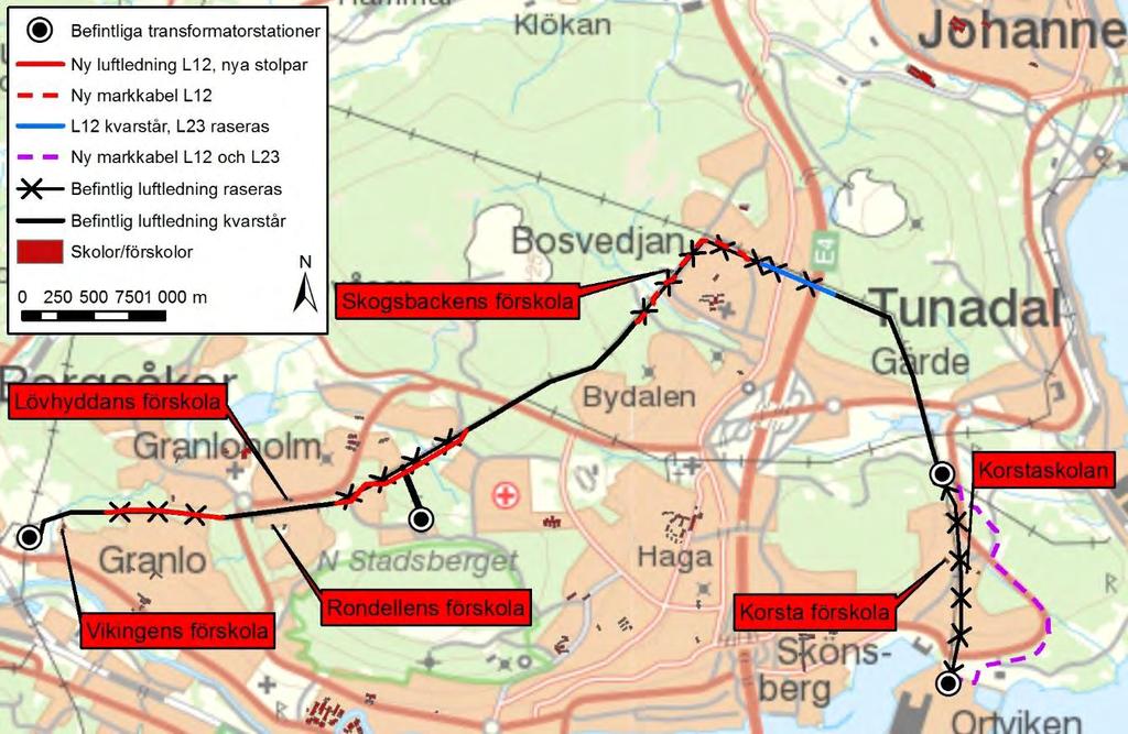 Figur 5.2. Skolor och förskolor inom 100 m från befintlig och nya sträckningar för ledning L12 mellan Granlo och Ortviken. 5.7.
