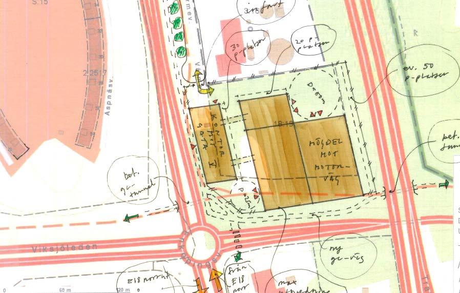 Den del där varutransporterna sker planeras mot E18 eller mot norra sidan. Kontorsdelen planeras utmed Enköpingsvägens norrgående riktning och bidrar därmed till den urbana strukturen.