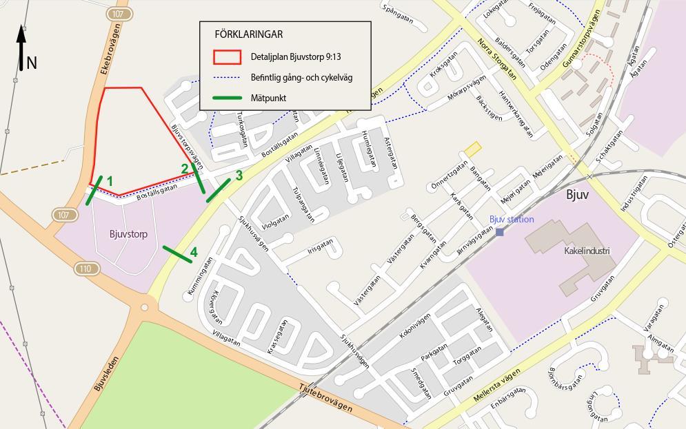 3.2 Befintlig trafik i området Bjuvs kommun har genomfört trafikmätning på tre gator i anslutning till planområdet. Mätningarna har gjorts i april 2015 i fyra punkter. Mätpunkterna visas i figur 4.