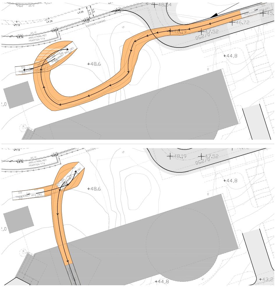 12 FÖRSTUDIE FÖRBINDELSEVÄGEN Figur 6 Brandbilens rörelse från servicevägen över rangergården, inbackning till tänkt tankställe och vidare in i garaget.
