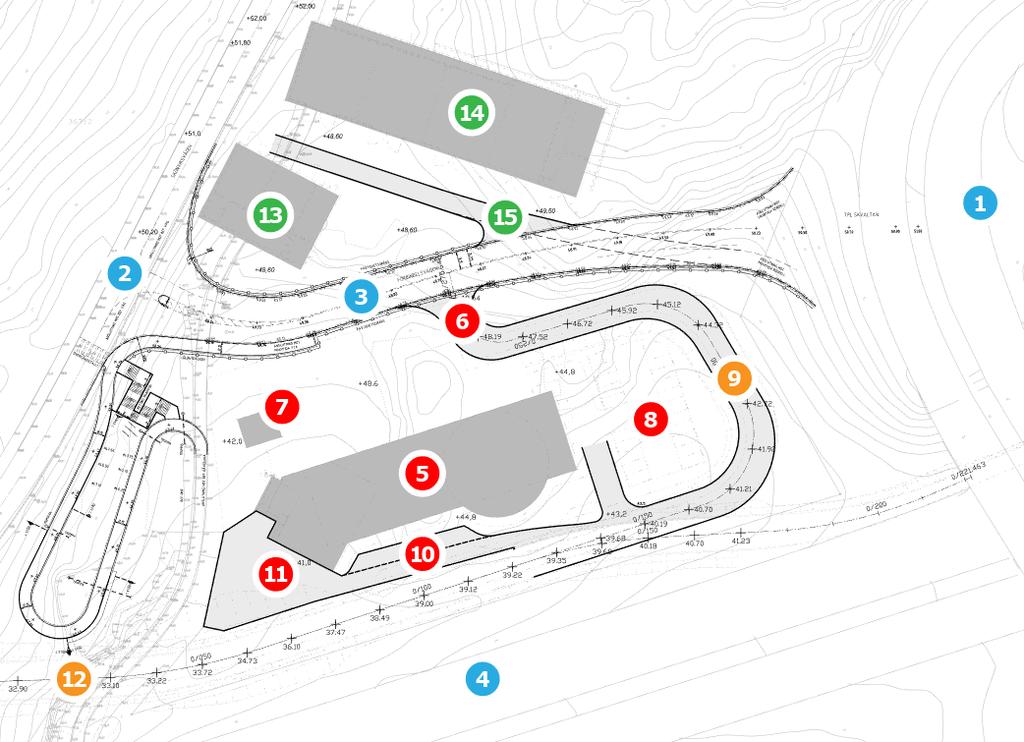 16 FÖRSTUDIE FÖRBINDELSEVÄGEN 2.4 Tekniska utformningskrav Figur 9 Målpunkter på brandstationsfastigheten.