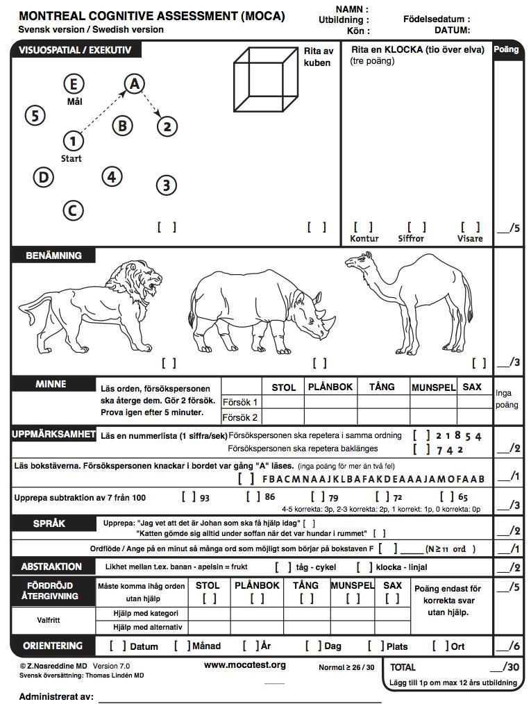 REKOMMENDERAD KOGNITIV SCREENING Ø MoCA Ca 15 min Lite förkunskap Cut-off (22/30) o Sensitivitet 0.