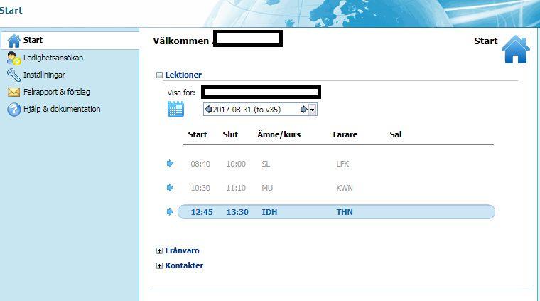 När du loggar in i Skola24 kommer du startsidan. Här finns länkar till de funktioner som finns tillgängliga. (När en elev blir myndig stängs en förälders behörighet automatiskt av för eleven i fråga.