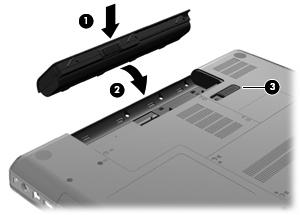 Sätta i eller ta ut batteriet Så här sätter du i batteriet: För in batteriet (1) i batteriplatsen (2) tills det sitter fast ordentligt.