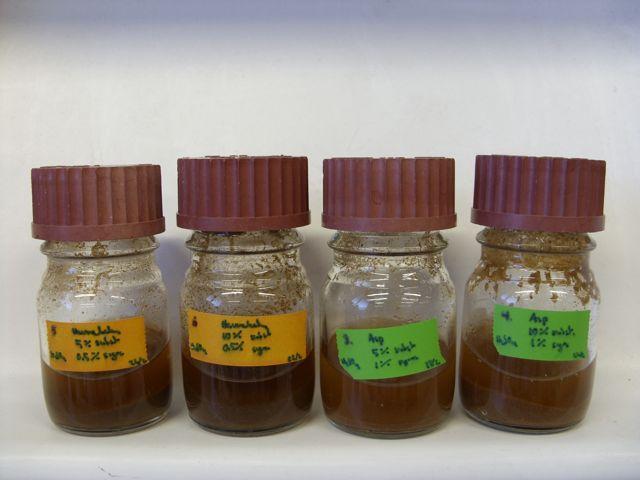 after which the ph was set to 5 using 25 % hydrochloric acid and the bottles were frozen. Figure 3: Oat straw and aspen, after pretreatment using sulphuric acid.