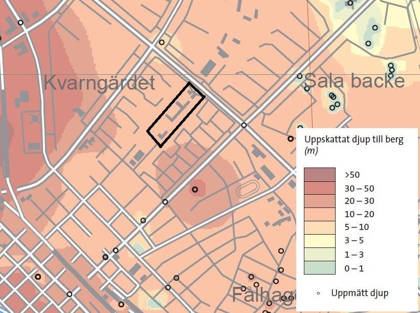 Figur 3-4. Jorddjupskartan i skala 1:50 000 från SGU visar att fastigheten Kvarngärdet 1:20 bedöms ha jorddjup mellan 10 och 20 meter.