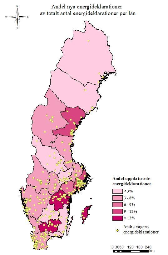 4.3.1 Dataunderlagets geografiska spridning I Figur 4.7 visas den geografiska spridningen av de parvisa energideklarationerna. Varje markering motsvarar ett energideklarationspar.