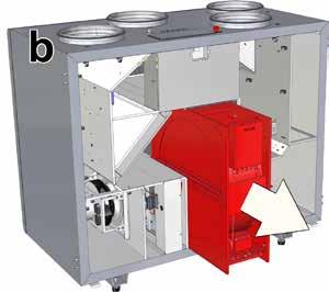 Värmeväxlaren kan tas ur aggregatet genom att lossa infästningsbultar och koppla bort strömkabel till rotor motorn (bild 8a och b).