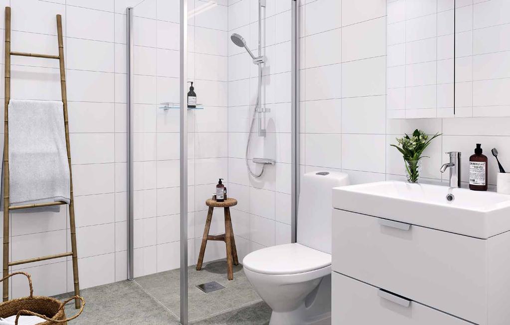 Badrum & WC/dusch Både badrummet på övre plan och wc/dusch på entréplan är helkaklade med
