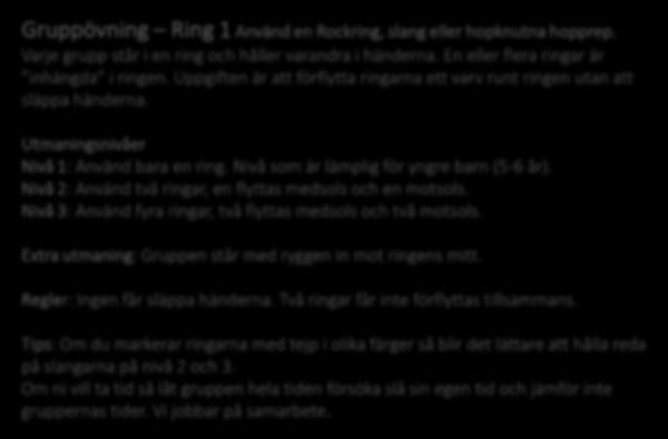 Gruppövningar Gruppövning Ring 1 Använd en Rockring, slang eller hopknutna hopprep. Varje grupp står i en ring och håller varandra i händerna. En eller flera ringar är inhängda i ringen.