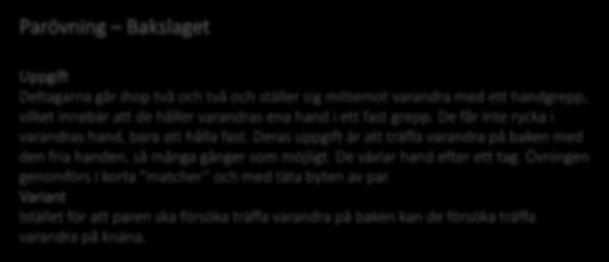Parövningar Parövning Bakslaget Deltagarna går ihop två och två och ställer sig mittemot varandra med ett handgrepp,