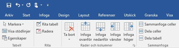 Detta kan du även göra genom att markera raden, högerklicka och välja infoga eller ta bort. Dessa funktioner kommer du även åt under fliken Layout.