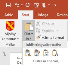 Klippa och klistra mellan dokument Man kan inte kopiera en hel gammal presentation in i en ny mall och förvänta sig att allt innehåll följer den nya mallen eftersom PowerPointmallen består av olika