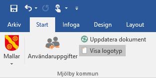 Funktion för att visa och dölja logotyp Under fliken Start ligger en knapp som döljer respektive visar Mjölby kommuns logotyp.