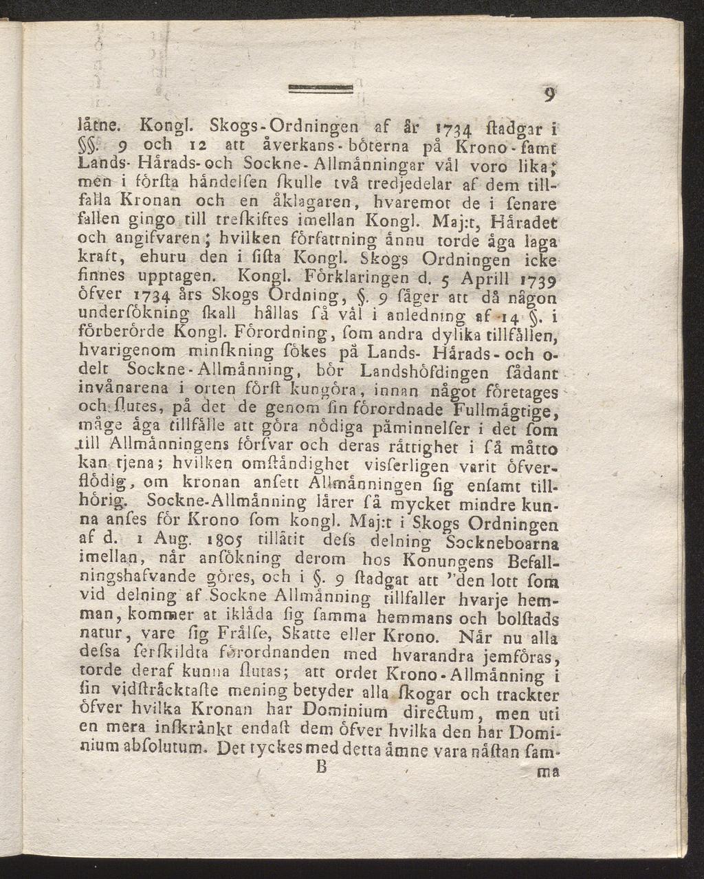 Såtne. Kongl. Skogs-Ordningen af år 1734 ftadgar i.