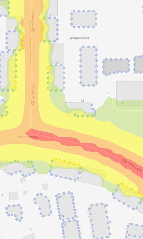 Figur 2 Bullerkarta Samband och beroenden I närområdet finns tre pågående projekt; Detaljplan vid Gullyckevägen, Askim - BmSS (Skintebo 14:3 m fl), Detaljplan söder om Skintebovägen Askim samt