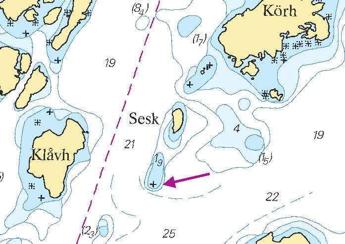 11 * 7699 Sjökort/Chart: 933, 9331 Sverige. Skagerrak. V om Grundsund. O om Klåvholmen. Grund. Grundet S om ön Seskär sträcker sig längre sydvart än vad som framgår av sjökortet.