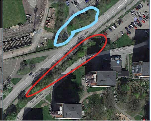 SLUTSATS VÄSTRA RAMBERGET TILL WIESELGRENSPLATSEN Bild 1 visar Wieselgrensplatsen och 2 x 4 avenbokar, samt en Robinia i mitten. Avenbokarna står i en linje längs spåret på en spårvagnsvändplats.