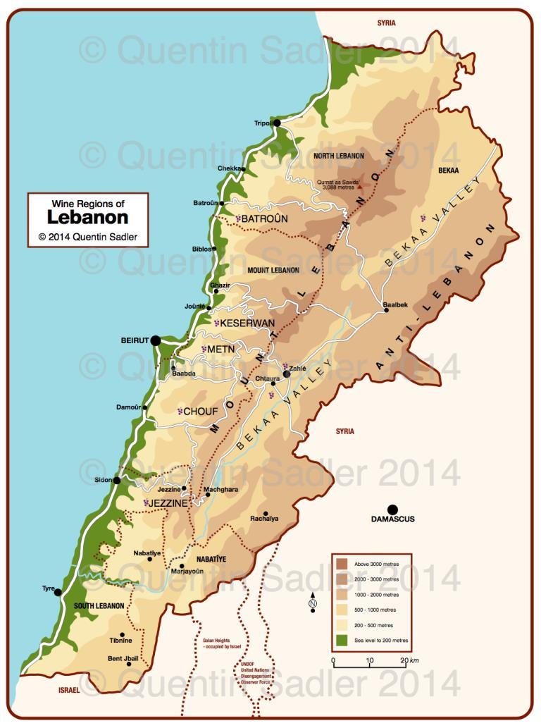 Libanon 80 000 hl (jmf Italien 48 500 miljoner hl) Bekaadalen (Beqaa Valley) Druvor kraftigt inspirerade av Bordeaux 1847 första